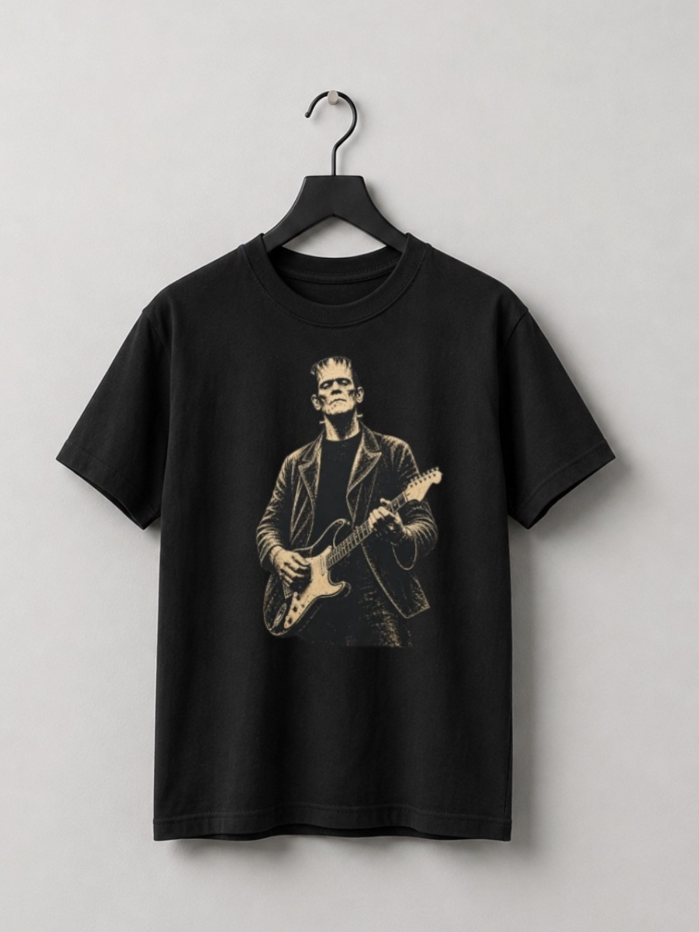 Black Short Sleeve Tee with Gold Guitar Player Graphic